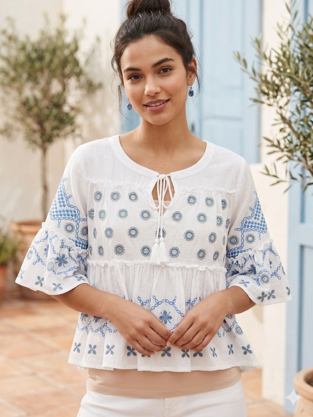 Anthropologie Pure US Embroidered Bejeweled Ruffle‎ Boho Top , size XS oversized